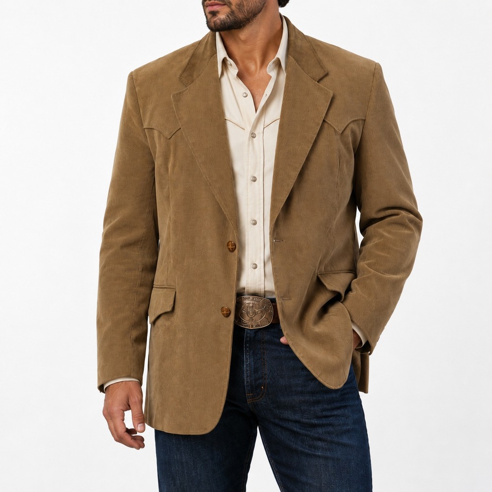 Pioneer Wear Western Blazer Mens 42 Camel Tan Suede Collar Corduroy Sport Coat